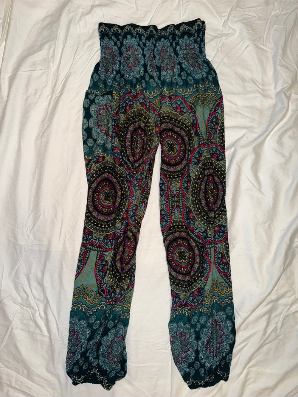 Smocked Waist Teal Bohemian Print Jogger Pants